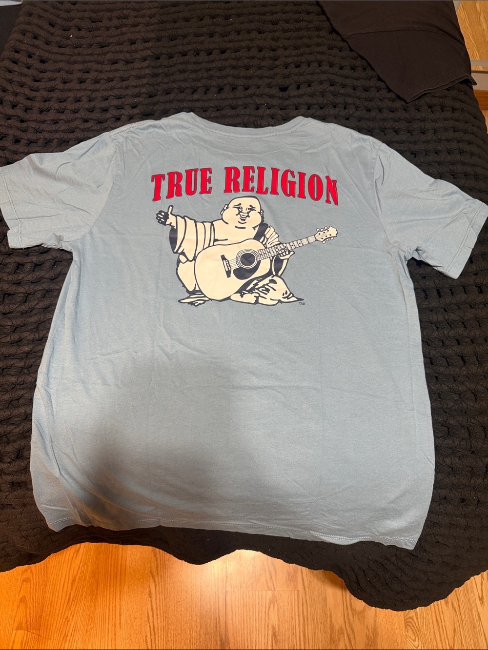 True Religion Light Blue Tee with Red Logo and Buddha Graphic
